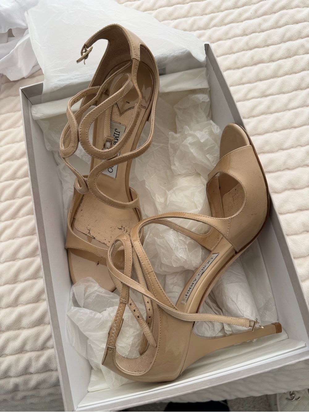 Jimmy Choo Beige/Nude Patent Strappy High Heel Sandals